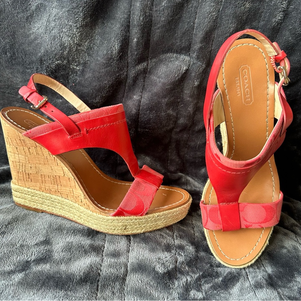 Coach Shoes, Sandal Cork Wedge, Sling back, Red Coral leather w/sig logo canvas